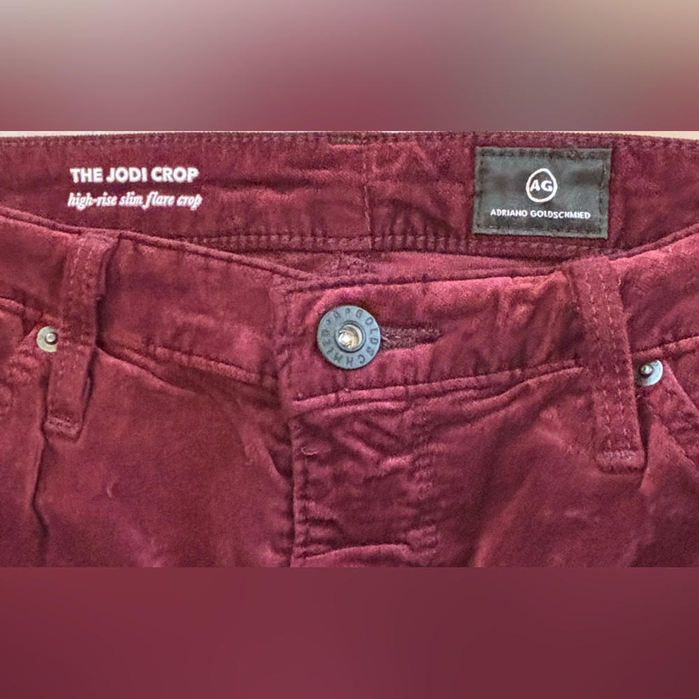 AG Adriano Goldschmied Jodi Crop Velvet Jeans Gooseberry Burgundy Size 28 - Picture 3 of 5